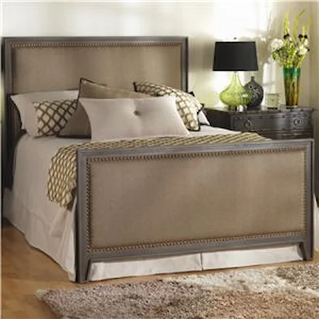 Queen Avery Iron Bed with Upholstered Panels and Nailhead Trim